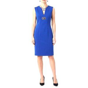 Calvin Klein Dress Sz 14 Cobalt Blue Gold Brooch Sleeveless Office to Evening